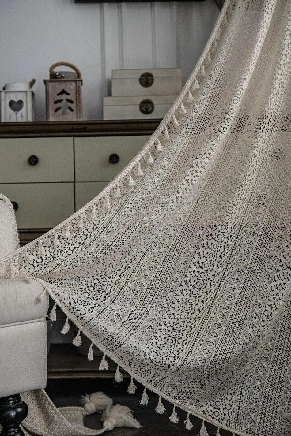 Boho Style Translucent Curtain | Beige Woven Geometric Crochet Curtains