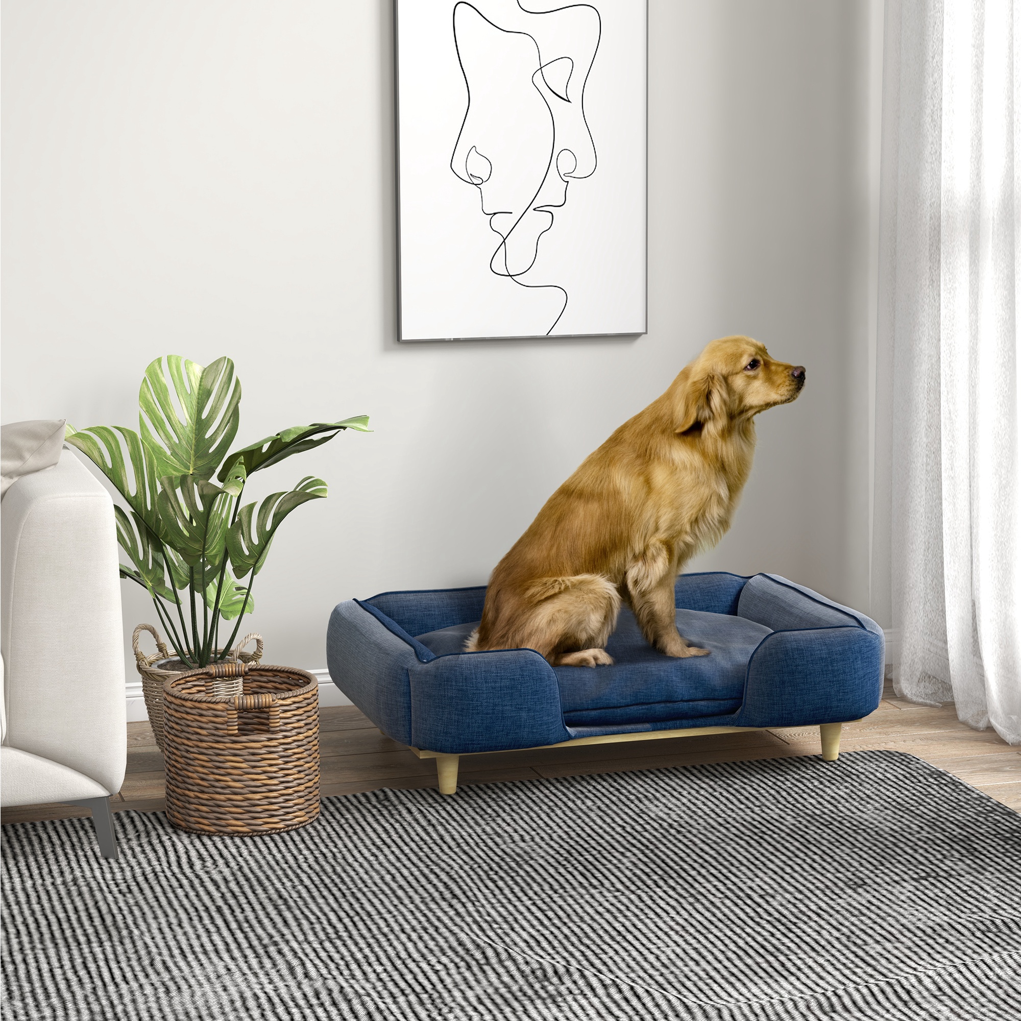 Sofá elevado para cães PawHut tamanho grande, com pés de madeira e almofada lavável. Suporta até 30 kg e mede 96 x 66 x 24 cm, na cor azul.