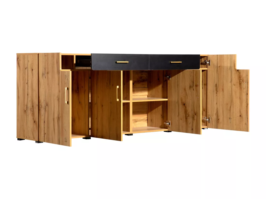 Buffet effet bois et noir 4 portes 2 tiroirs poignées dorés 208x39,5x80cm HERNON