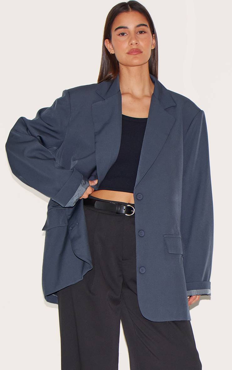 Gris Blazer Long Oversize À Ourlet Arrondi