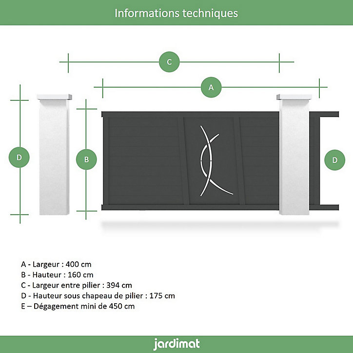 Portail Jardimat coulissant aluminium Lausanne noir 2100 - 400 x h.160 cm