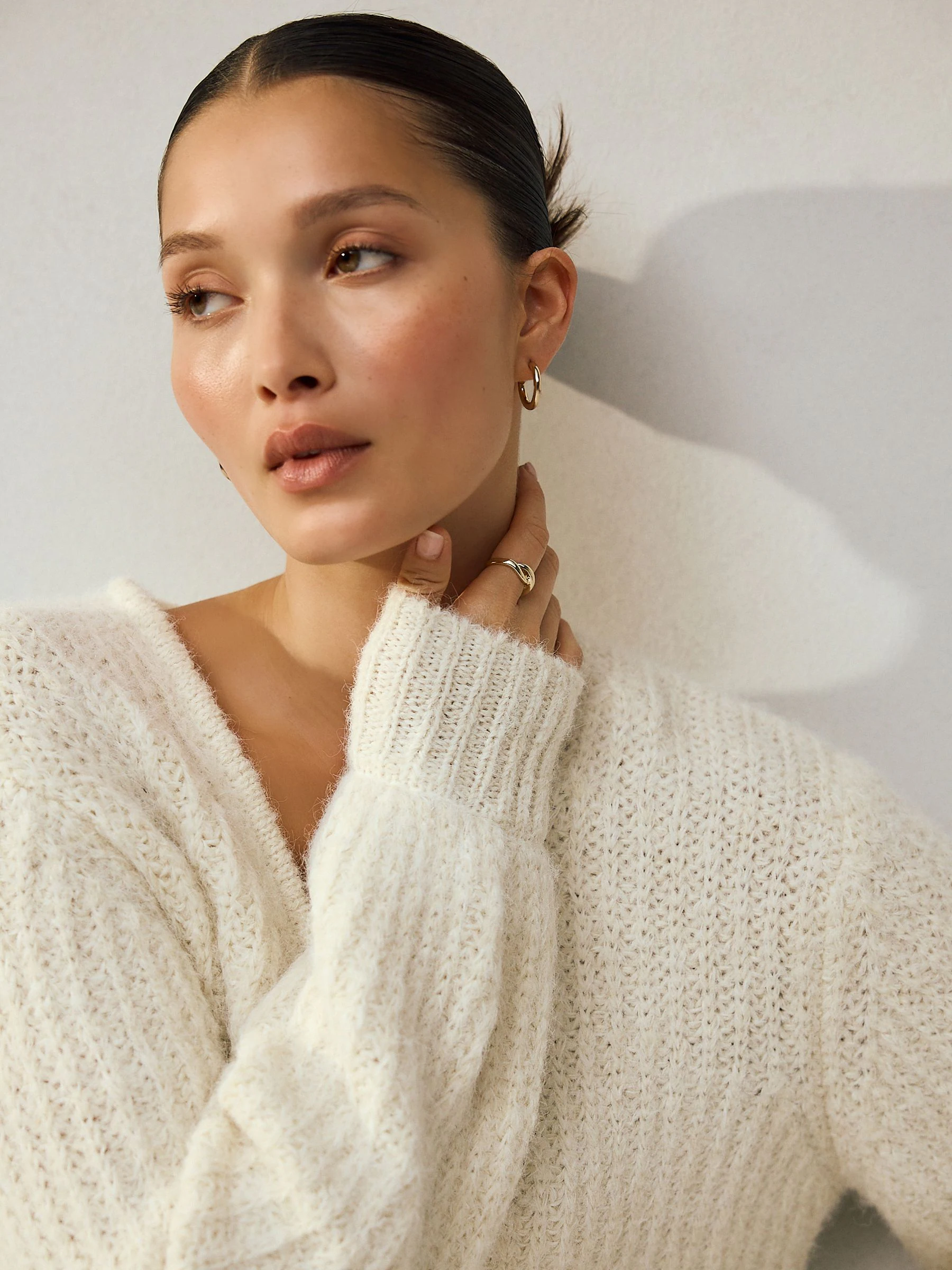 Ecru/crème - Gem Button Relaxed Cardigan With Wool