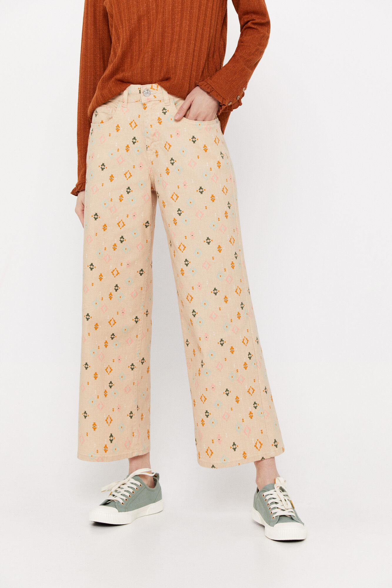 Calça jeans palazzo com 5 bolsos - Multicolorida