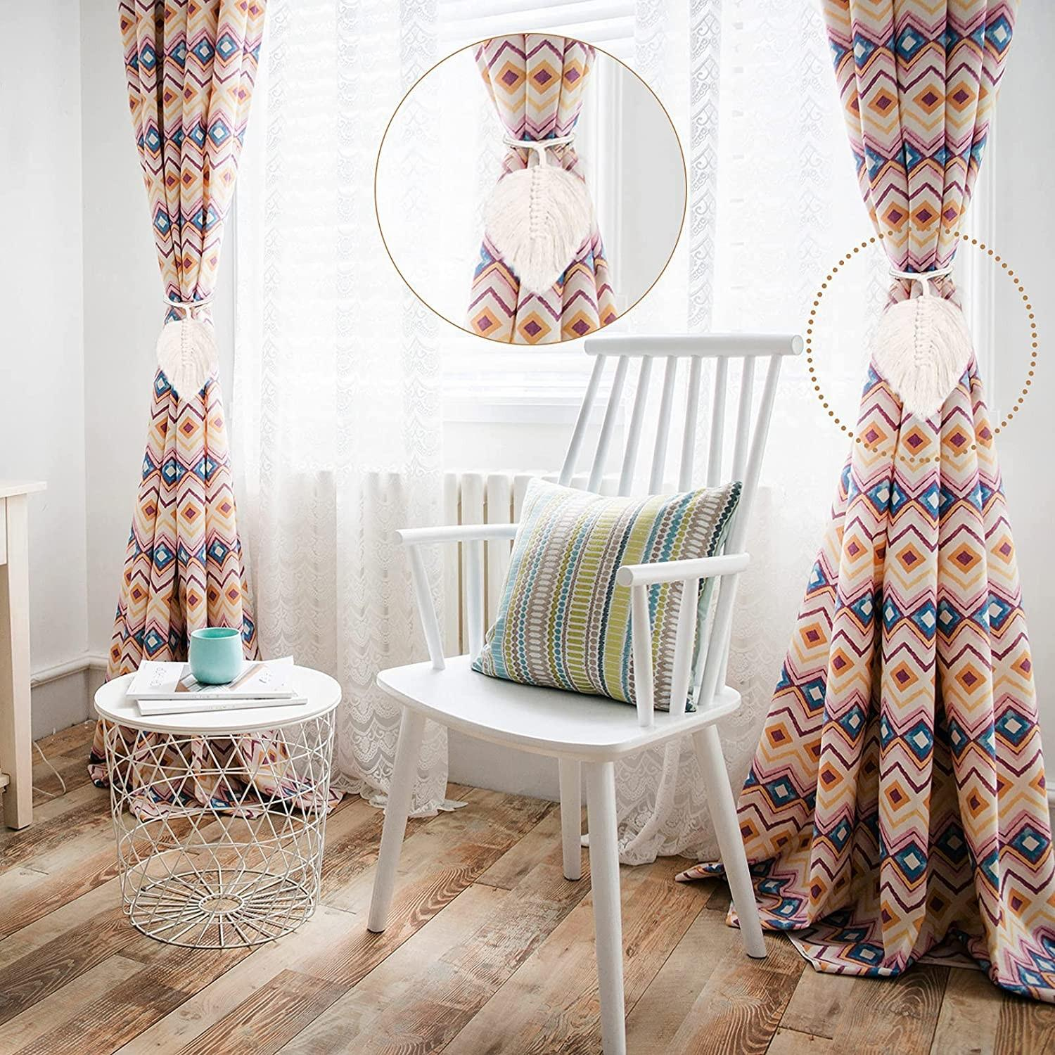 (2er Set) Makramee Vorhang Raffhalter Hygge Lifestyle Binder Gardinenhalter Geknüpfte Boho Deko - Weiss