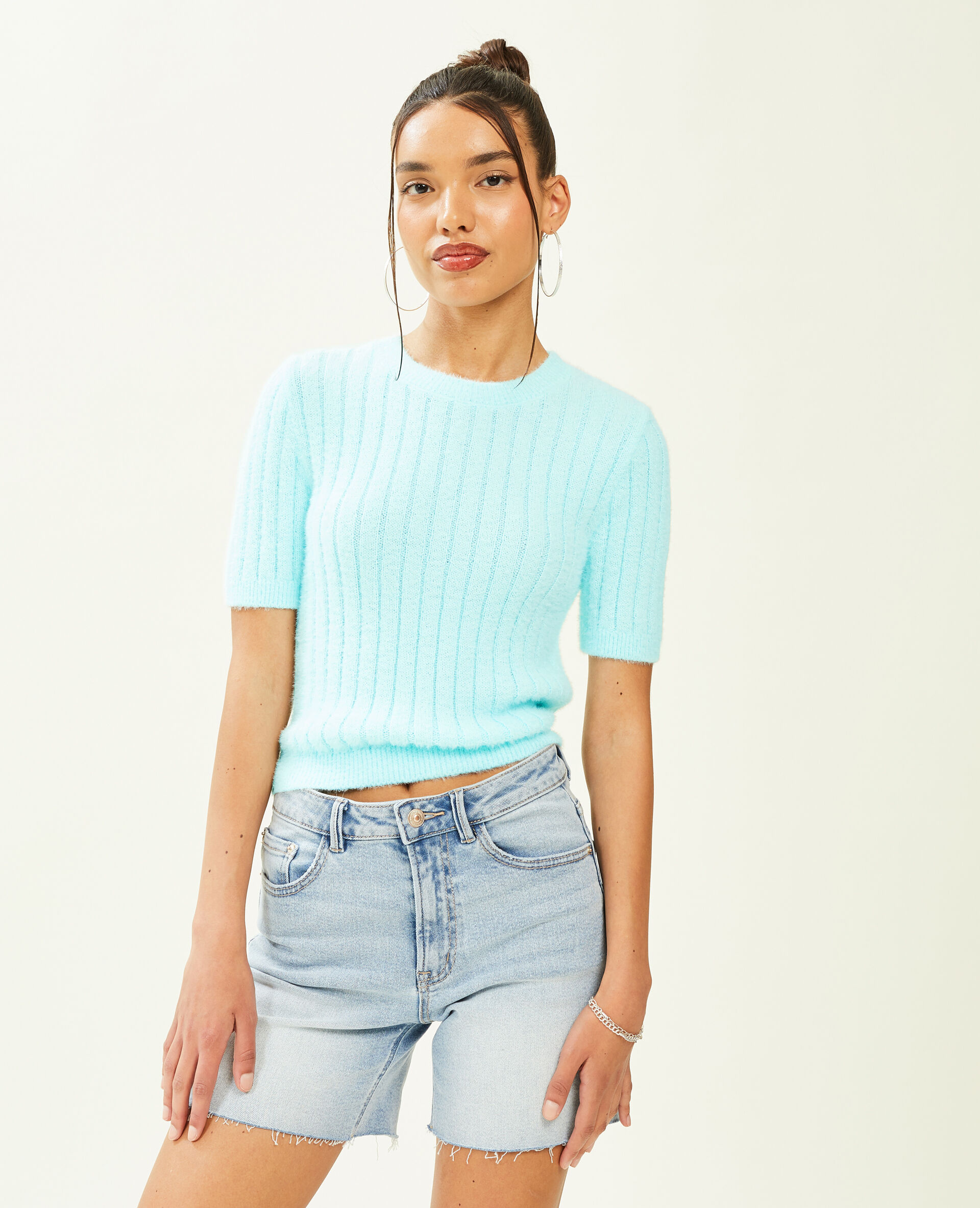 Pull duveteux à manches courtes - Bleu turquoise