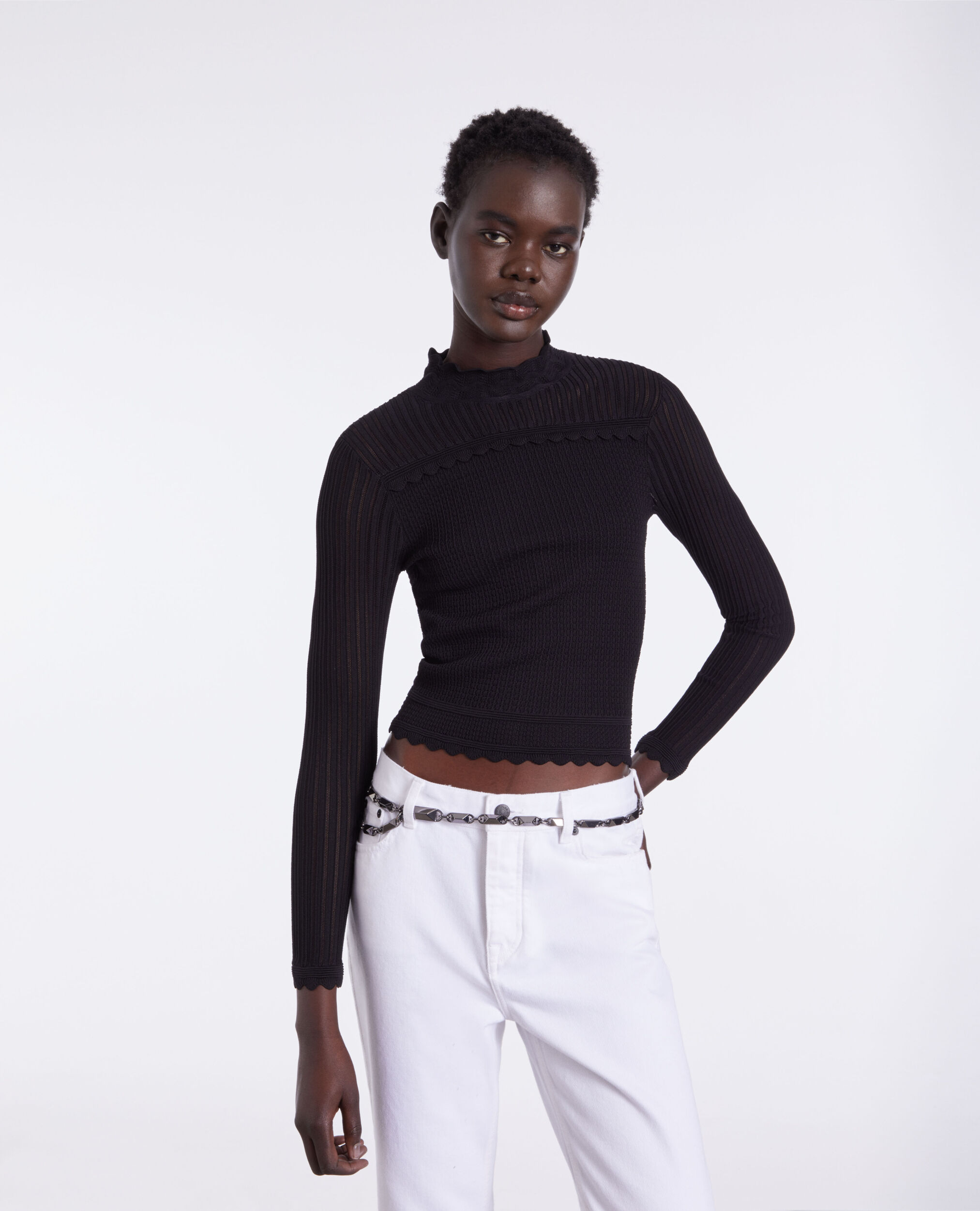 Cropped black openwork mesh sweater