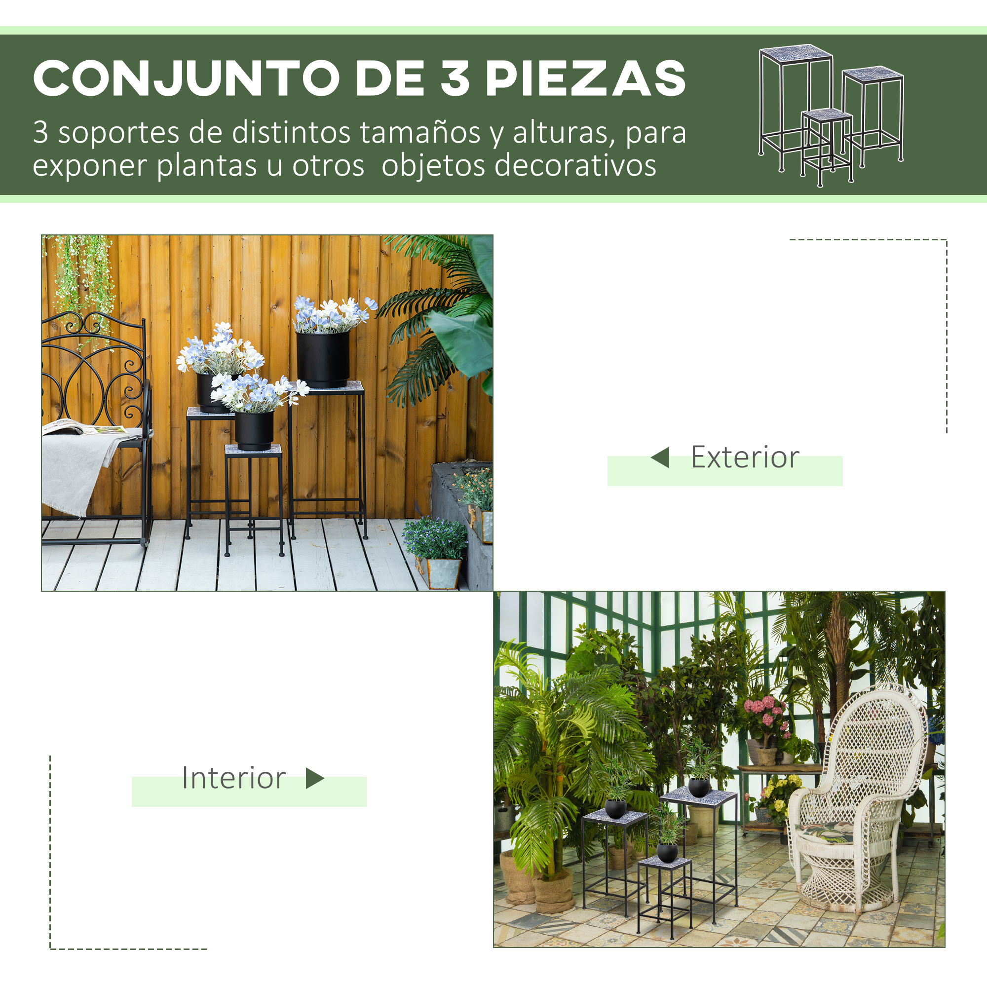 Suportes de metal para plantas Outsunny, conjunto de 3 peças empilháveis com tampo decorativo em azulejo para uso interno e externo, 31,5 x 31,5 x 60,5 cm, azul e preto.