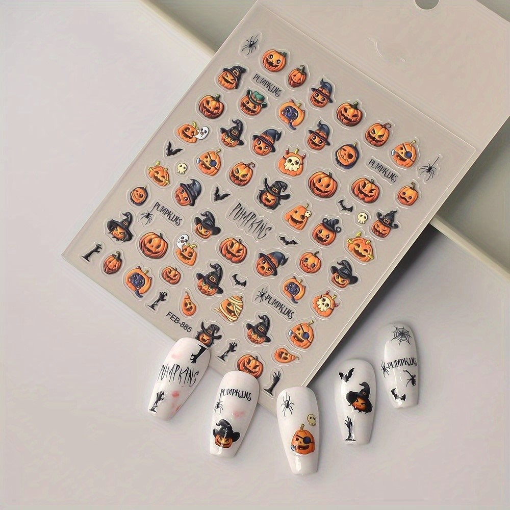 (68-tlg. Set) Nagel Sticker Nail Art Tattoo Selbstklebende Halloween Kürbis Aufkleber - Orange / Schwarz