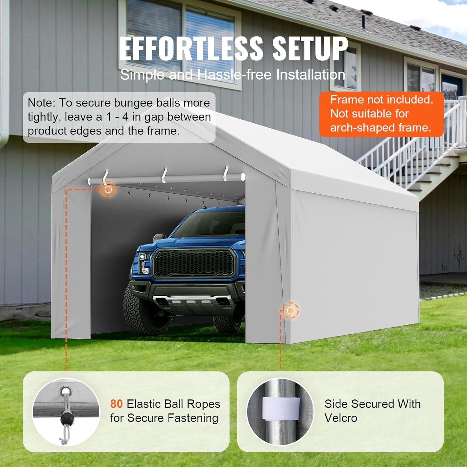 VEVOR Carport Garagezelt, Oben + Seitenwand 3 x 6 m, Garagenzelt-Unterstandplane, wasserdicht und UV-geschützt, einfache Installation mit Spanngurten, weiß (Rahmen Nicht im Lieferumfang enthalten)