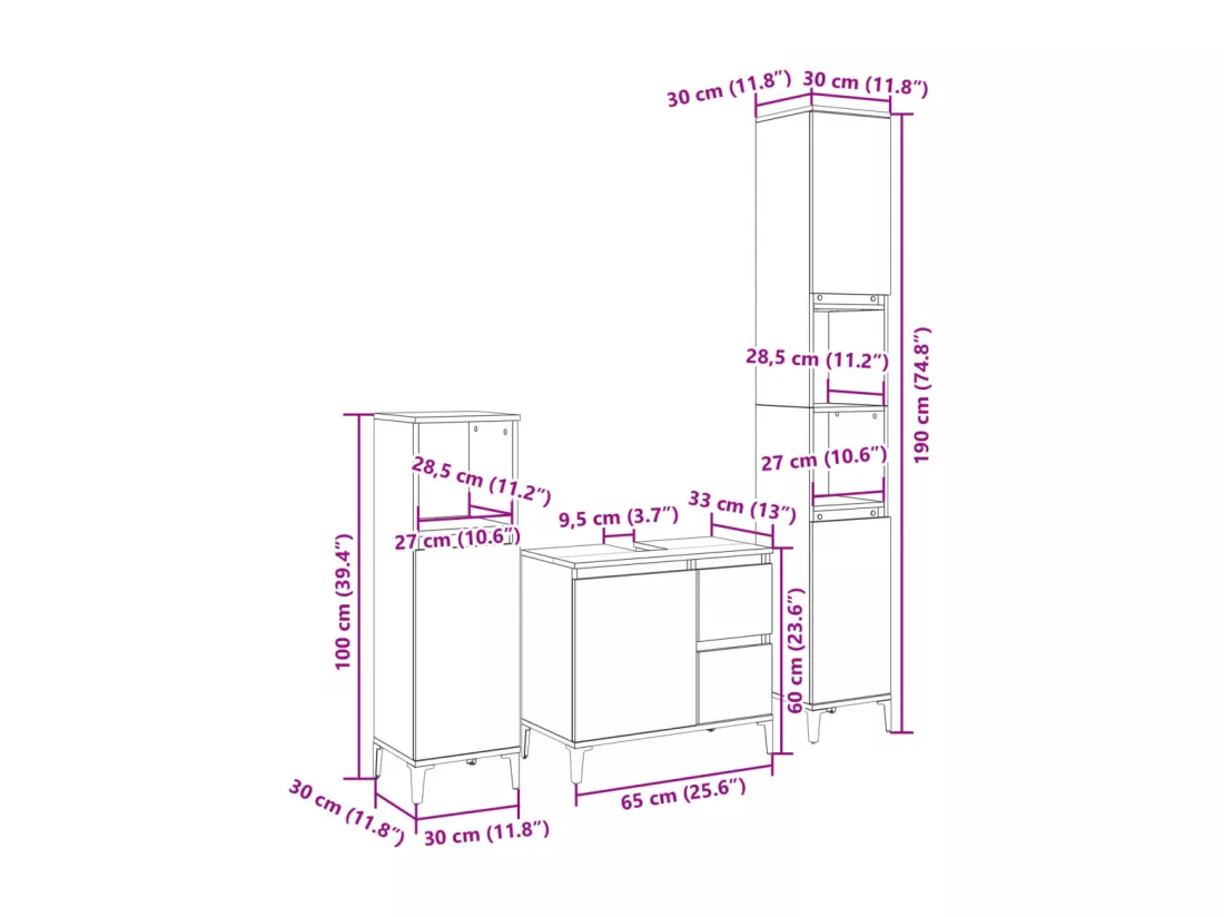 Ensemble de meubles de salle de bain 3 pcs chêne sonoma