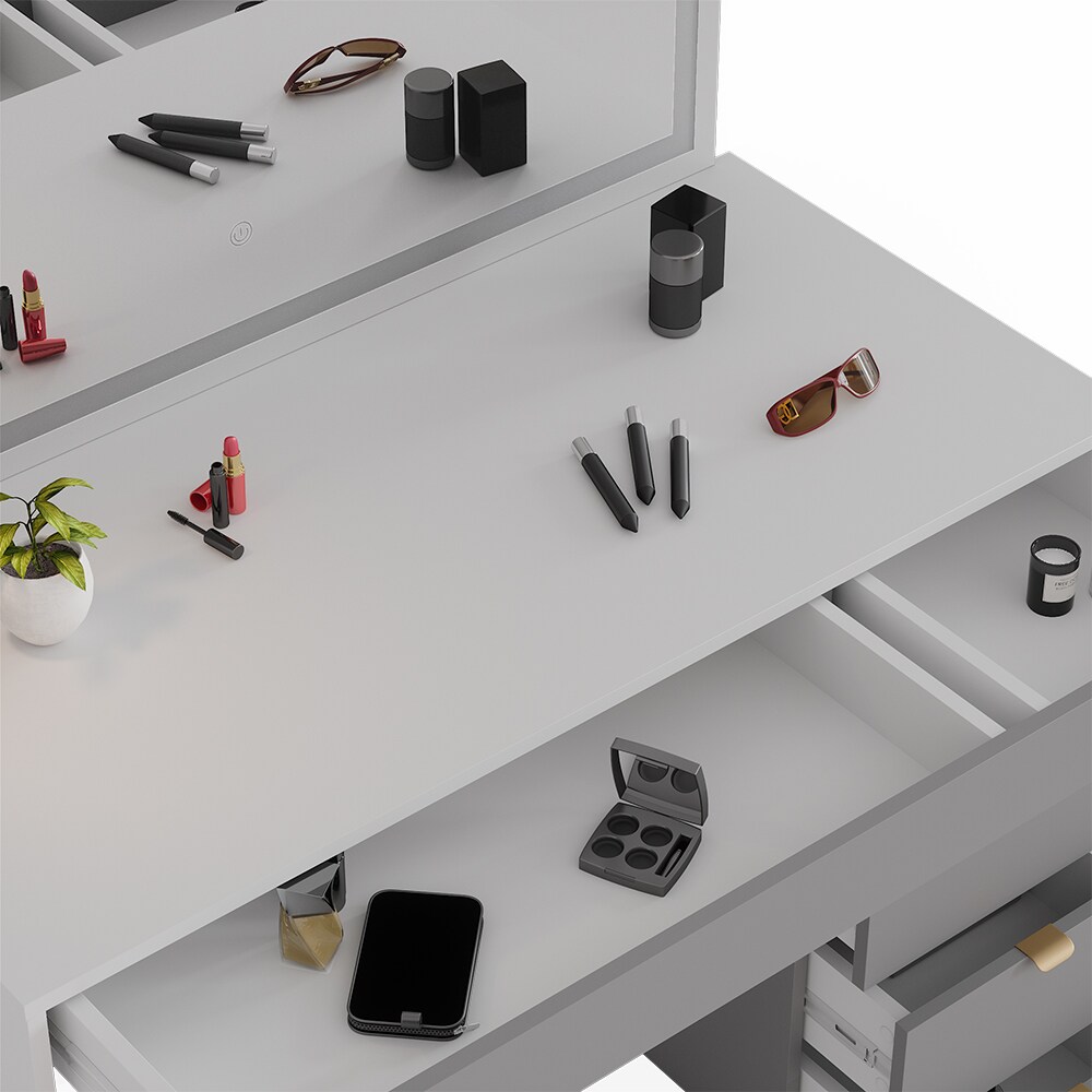 Vicco Schminktisch Elise Weiß Grau 115 x 76 cm modern Frisiertisch Schubladen LED-Spiegel Hocker