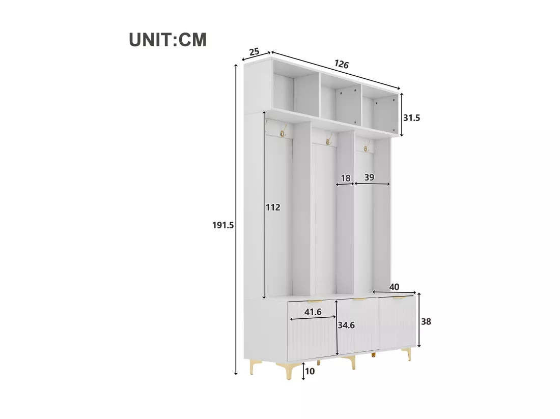Vestiaire multifonction - avec banc à chaussures et patères - Blanc