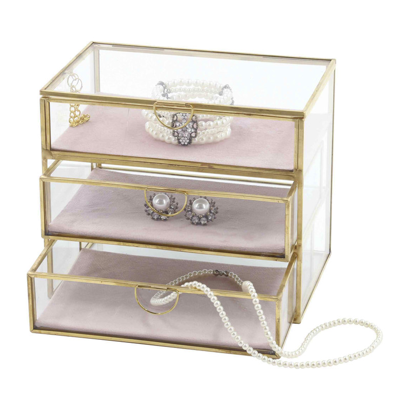 Sieradendoos met 3 lades - goud/roze - 18x12x15 cm