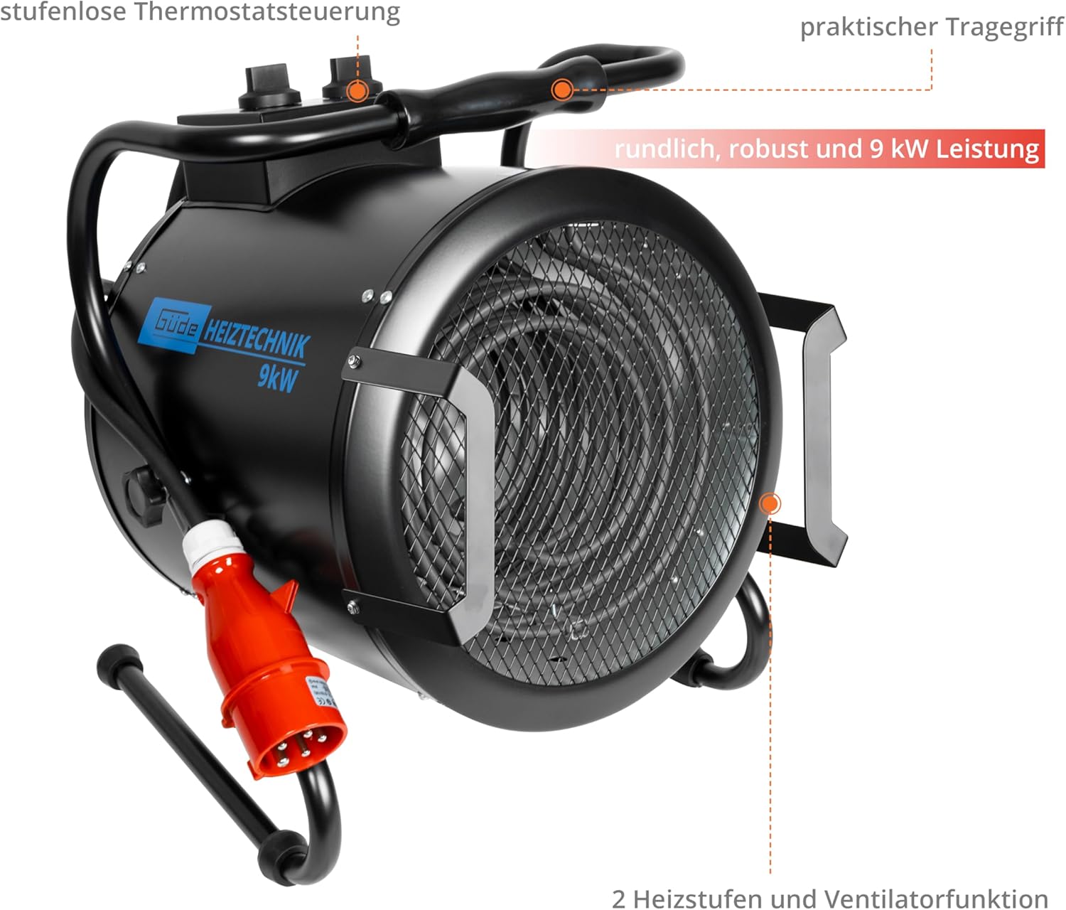 Güde Elektroheizer GH 9 E (9 kW, 2 Heizstufen 4,5/9 kW, Ventilatorfunktion, Gebläseleistung 742 m³/h, Neigungs- und Ausblaswinkel, Überhitzungsschutz, Kippschutz, stufenloser Thermostat)