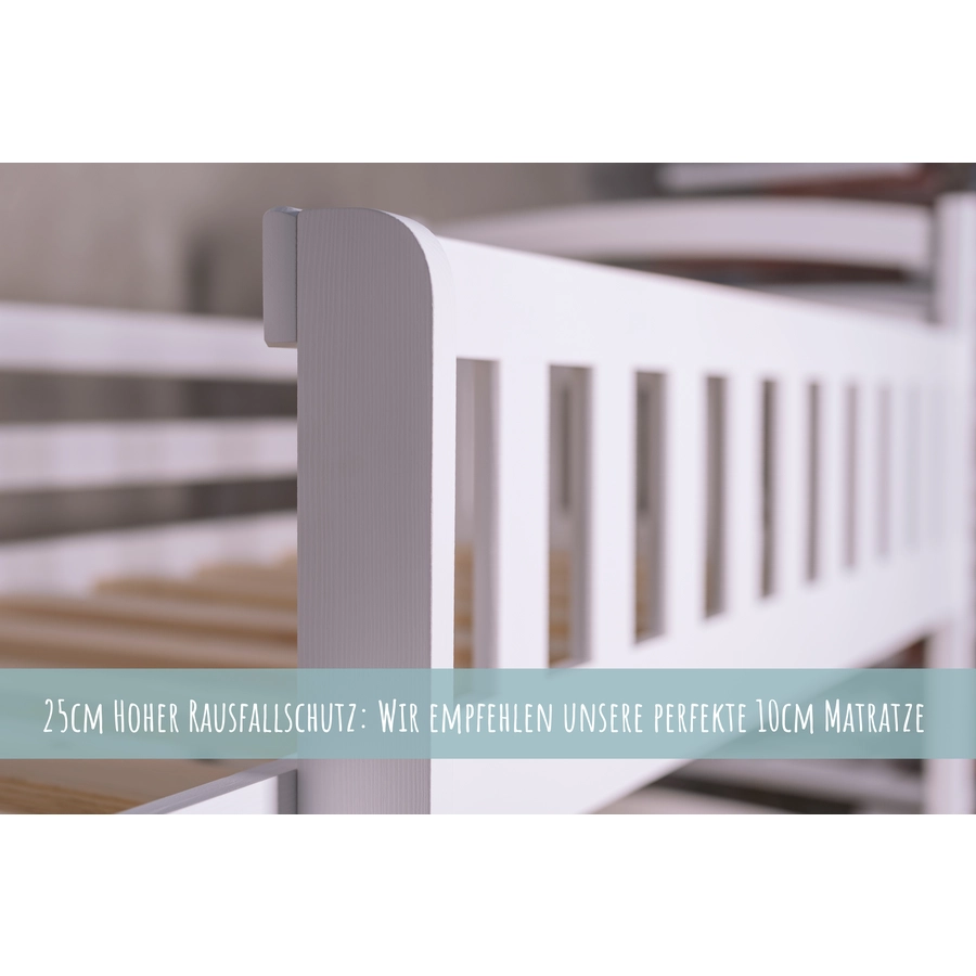 Kids Collective Hochbett 80x180 | 90x200 Etagenbett mit 2 Schubladen, Lattenrost, Rausfallschutz weiß mit Schublade