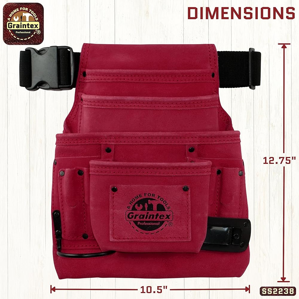 Graintex SS2238 : Pochette à Outils et Clous en Daim de Couleur Bordeaux avec Ceinture de 5,1 cm pour constructeurs, électriciens, plombiers, bricoleurs : Bricolage