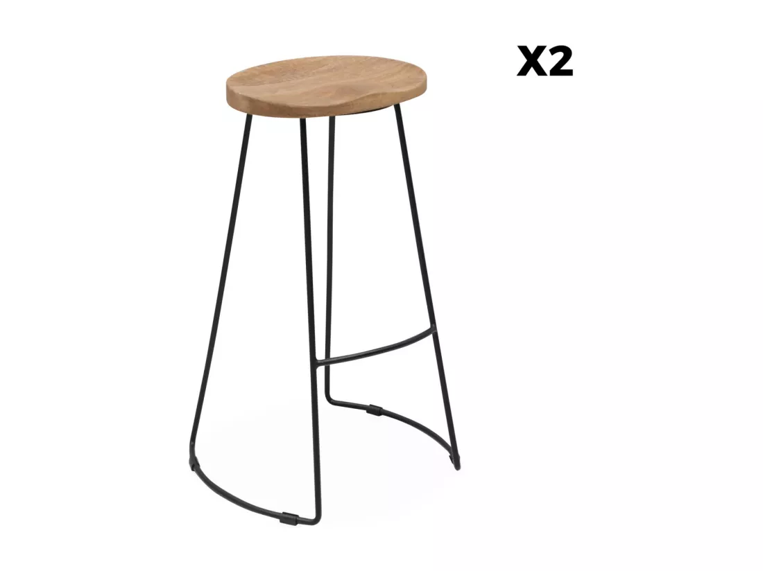 Lot de 2 tabourets de bar bois de manguier naturel et acier. avec repose pieds. 75cm