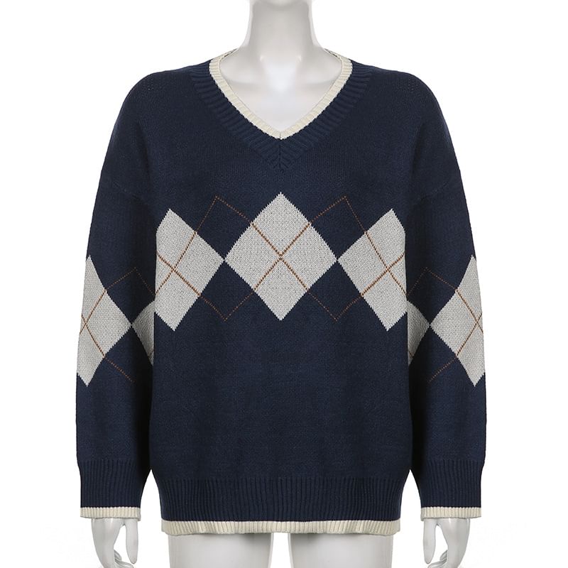 BrickBlack - V-hals Argyle Oversized Trui