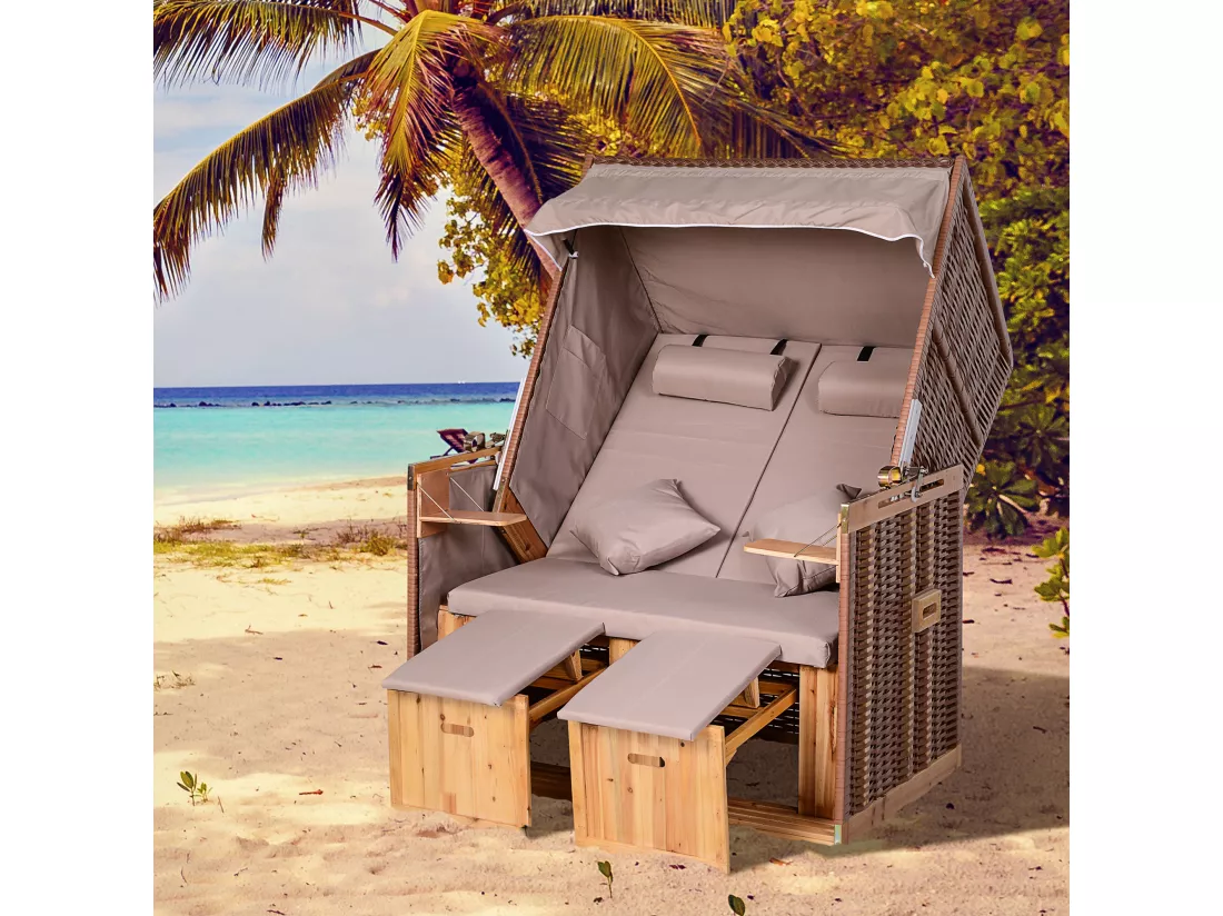 Outsunny Corbeille de plage 2 places pliable - Cabine de plage inclinable - abri plage strandkorb - coussins, repose-pieds, tablettes, pare-soleil - bois résine tressée polyester taupe