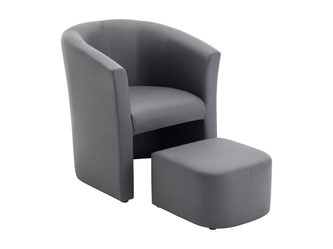 Fauteuil cabriolet et pouf en simili gris JOVANA