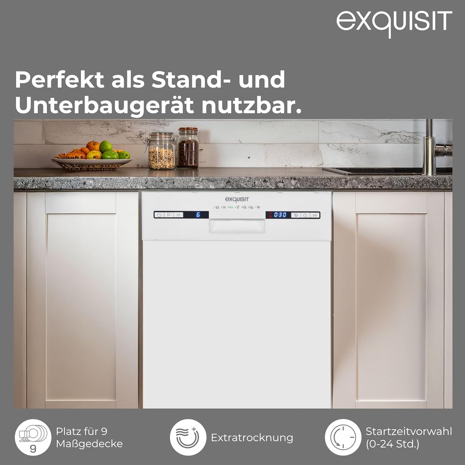 Exquisit PLUS Geschirrspüler 45 cm, Unterbaufähig, 9 Maßgedecke, 9 Liter, ECO-Programm, Startzeitvorwahl, GSP59309-030E weiss