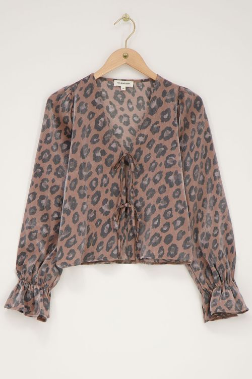 Panterprint crinkle top met strikjes & ruffle mouwtjes