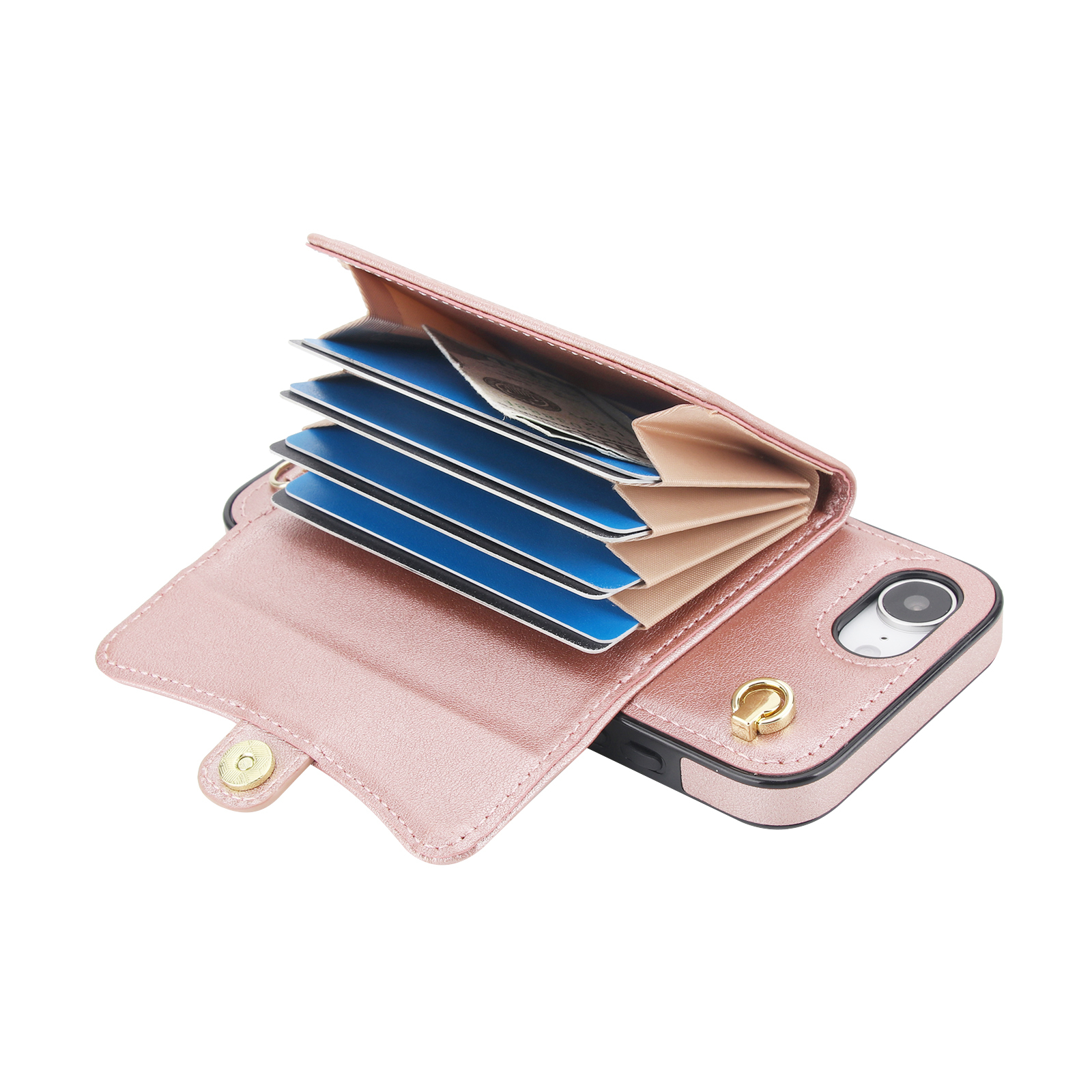 iPhone 16e Necklace Leder Schutz Hülle mit Kartenfach   Handykette (140cm) - Roségold