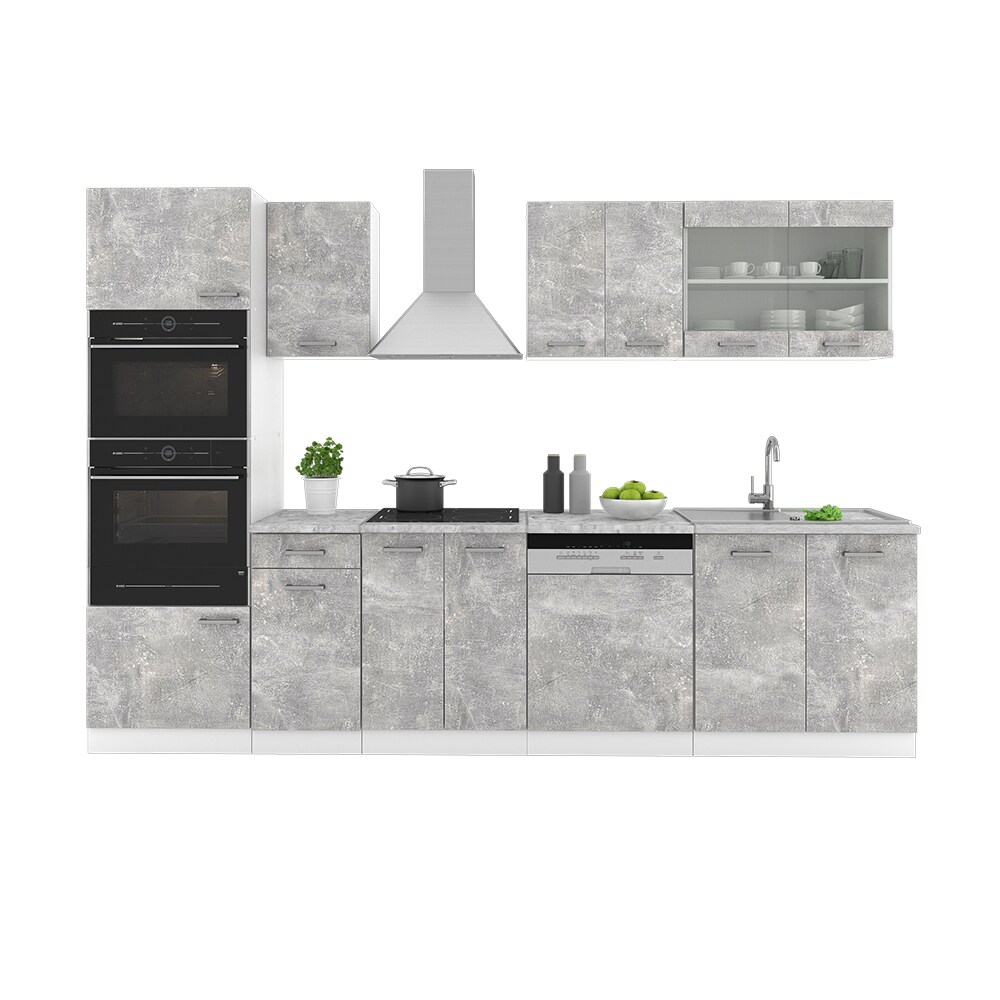 VICCO KÜCHE R-LINE 300 CM KÜCHENZEILE KÜCHENBLOCK EINBAUKÜCHE BETON MIT ARBEITSPLATTEN