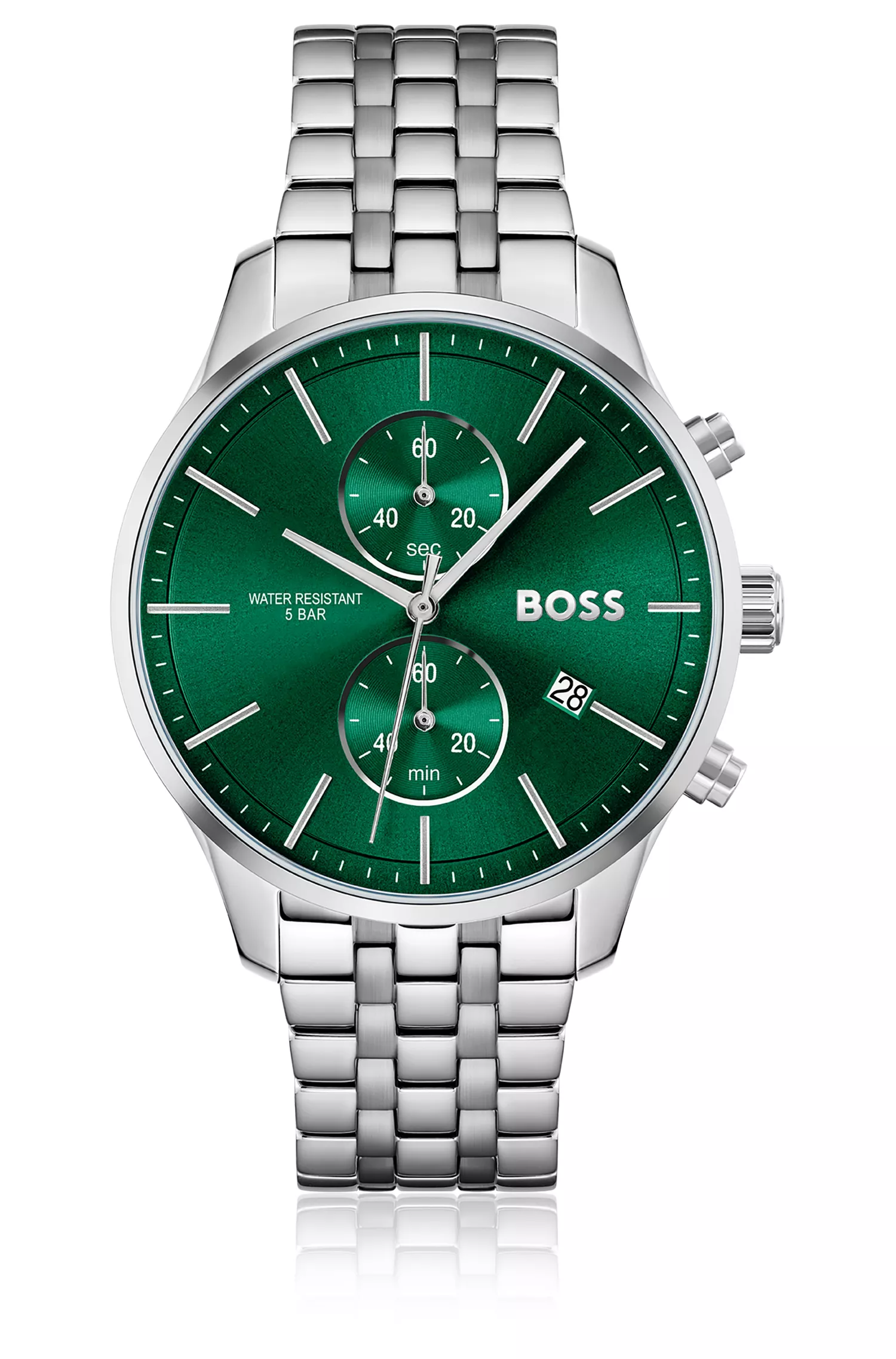 Relógio cronógrafo BOSS com pulseira de elos pretos e mostrador verde.