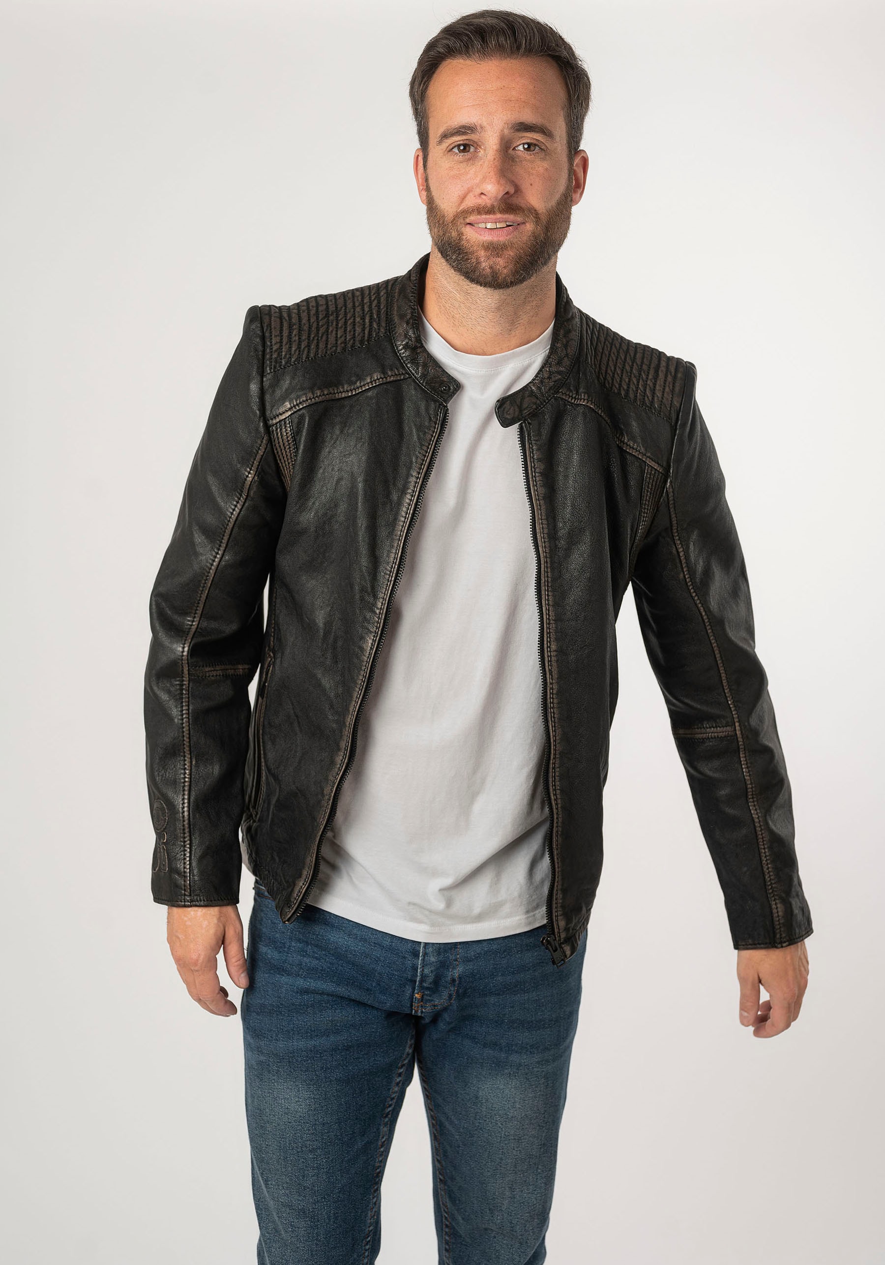 Mauritius Lederjacke »2Mgoji SF« mit markanten Ziernähten, Ziersteppung, Antik-Optik, Reissverschluss