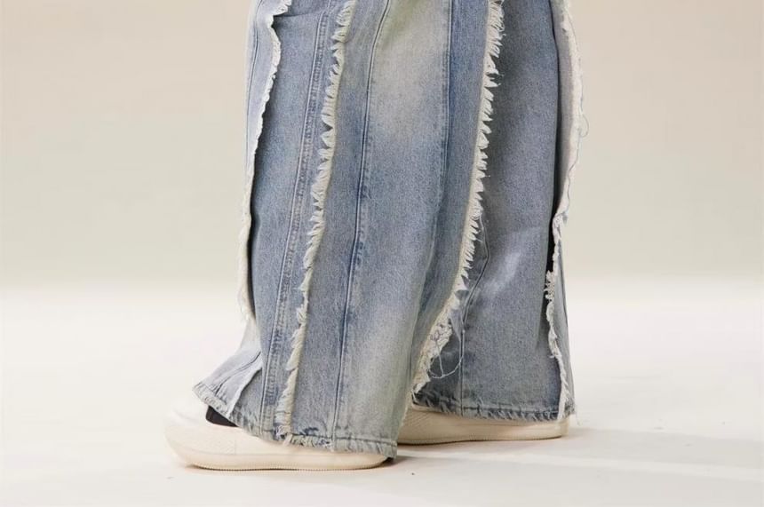 Vhancy - High Waist Washed Fringe Wide Leg Jeans