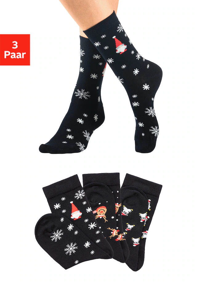 H.I.S Basicsocken Packung, 3 Stk. tlg. Weihnachten, mit weihnachtlichen Motiven