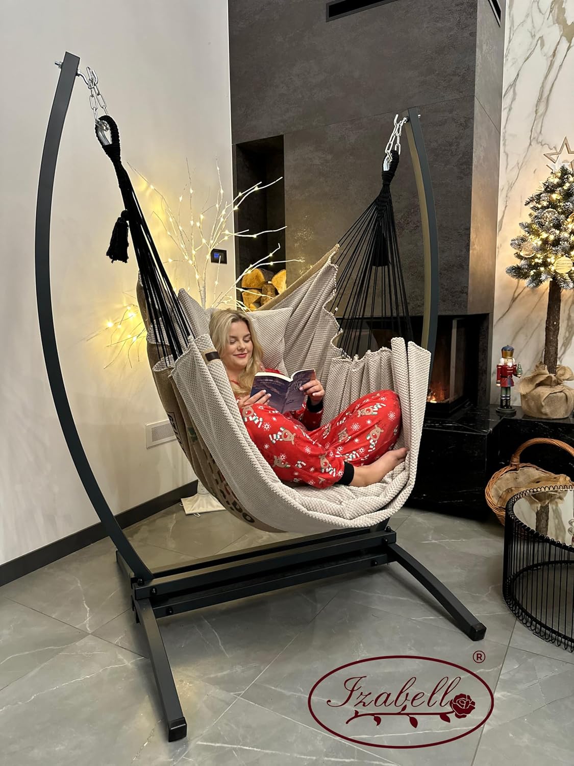 Izabell Hängesessel mit Stahlgestell und Großen Kissen – XXL Schaukelstuhl und Hängematte für Indoor & Outdoor – aus Jutesäcken von Kaffeeröstereien – Coffee Swing (beige)