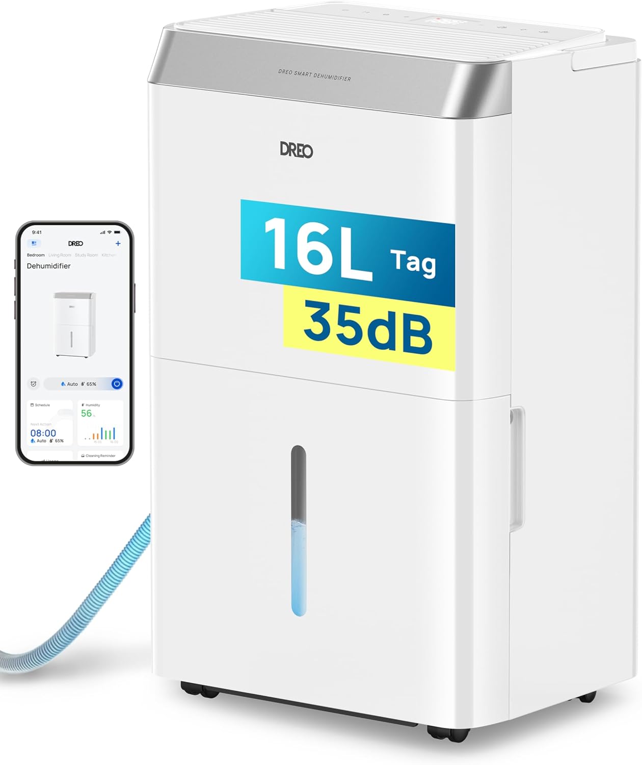 DREO Luftentfeuchter elektrisch, App & WLAN, 16L/24h, Raumentfeuchter leise 35dB, 30m², Entfeuchter energiesparend, 3 Modi, 3,4L Tank, Wäschetrockner & 24h Timer, für Schlafzimmer & Bad & Keller