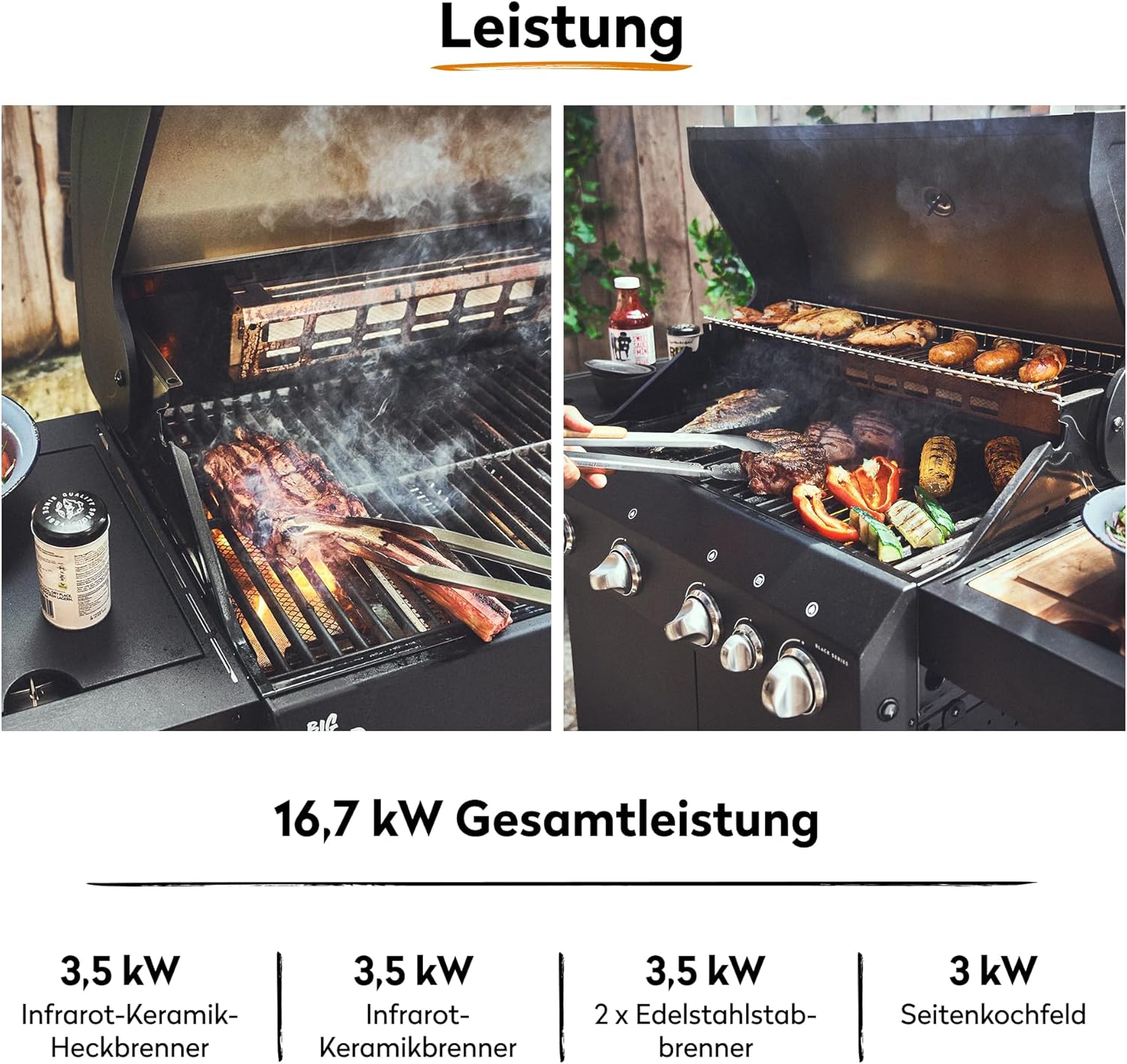 BURNHARD® Gasgrill 3-Brenner inkl. BACKBURNER, 900°C Infrarot-Keramikbrenner, Seitenkochfeld, Gusseisen-Grillrost, Grillabdeckung, Grillwagen, klappbare Seitentische – FRED GREEN