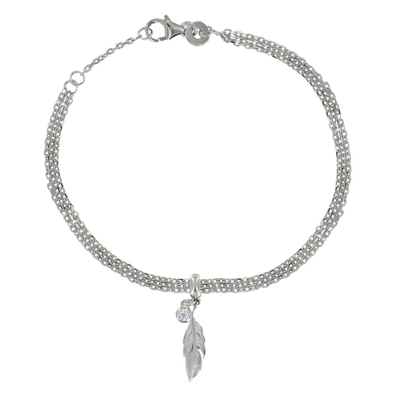 Bracelet Argent Rhodié Triple Chaines Plume et Strass