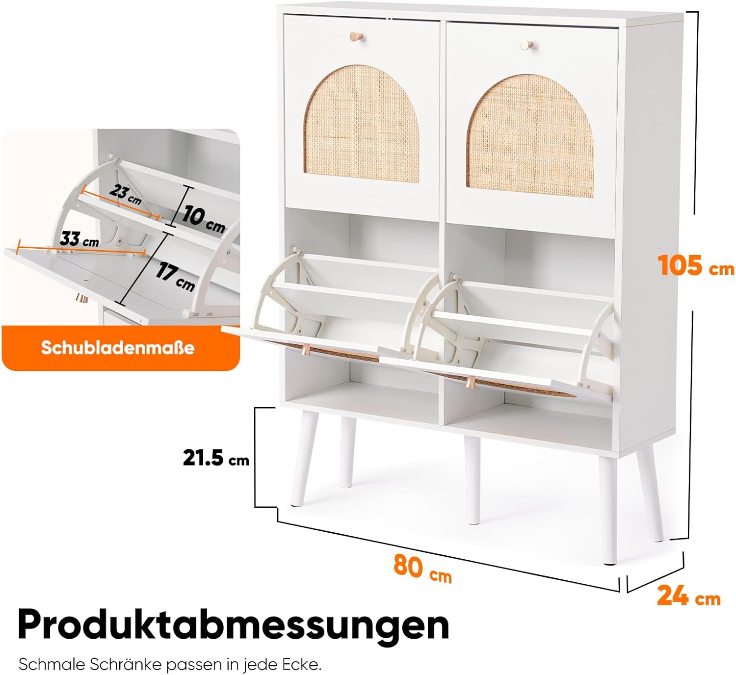 HOKEEPER Schuhschrank Schmal, Schuhregal mit 4 Klappen, Schuhkipper mit Verstellbar, Shoe Cabinet Holz, Schuhablage Schuhkommode für Eingang, Wohnzimmer, Flur, 105x24x80cm, Rattan