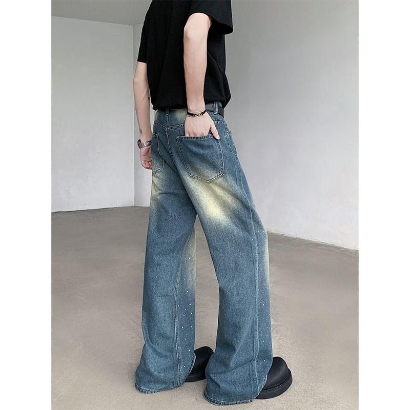 Freehop - Mid Rise Strass Washed Loose Fit Jeans