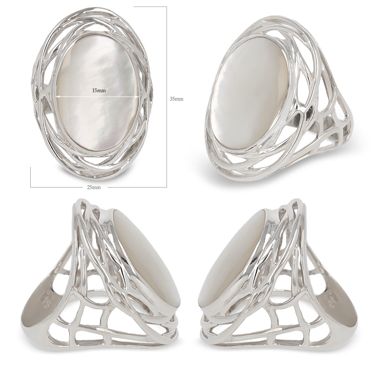 Bague Cabochon de Nacre Blanche Ovale en Argent 925 - Monture Nid - Aden Bijoux
