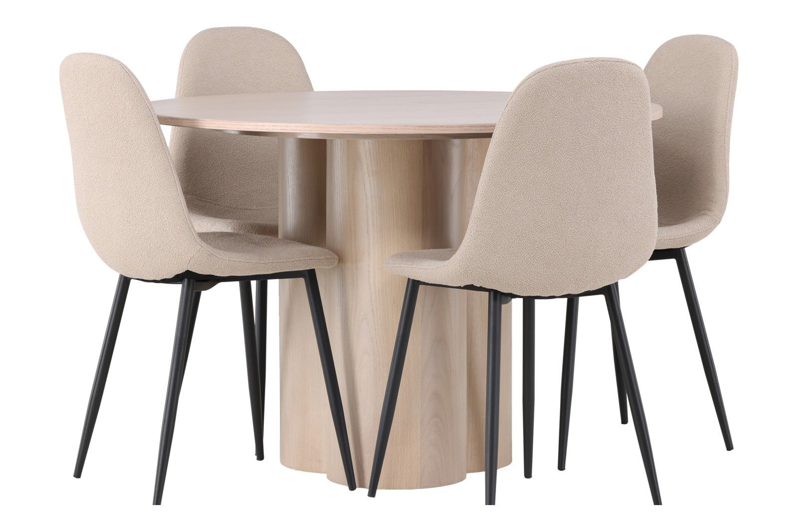 Olivia og Polar Spisegruppe Olivia rundt spisebord Ø110 cm i hvitlasert finer med 4 stk. Polar spisestoler i Beige Bouclé og sorte ben.