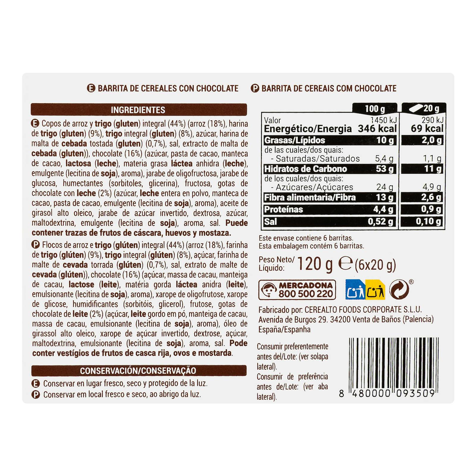 Barres de céréales Hacendado au chocolat au lait