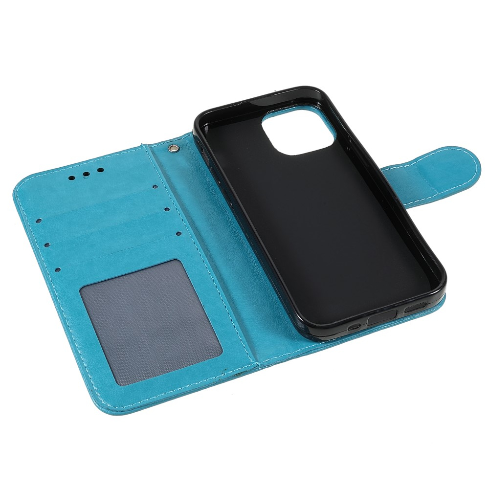 iPhone 13 Leder Tasche Wallet - Mandala Flowers Imprint - Blau