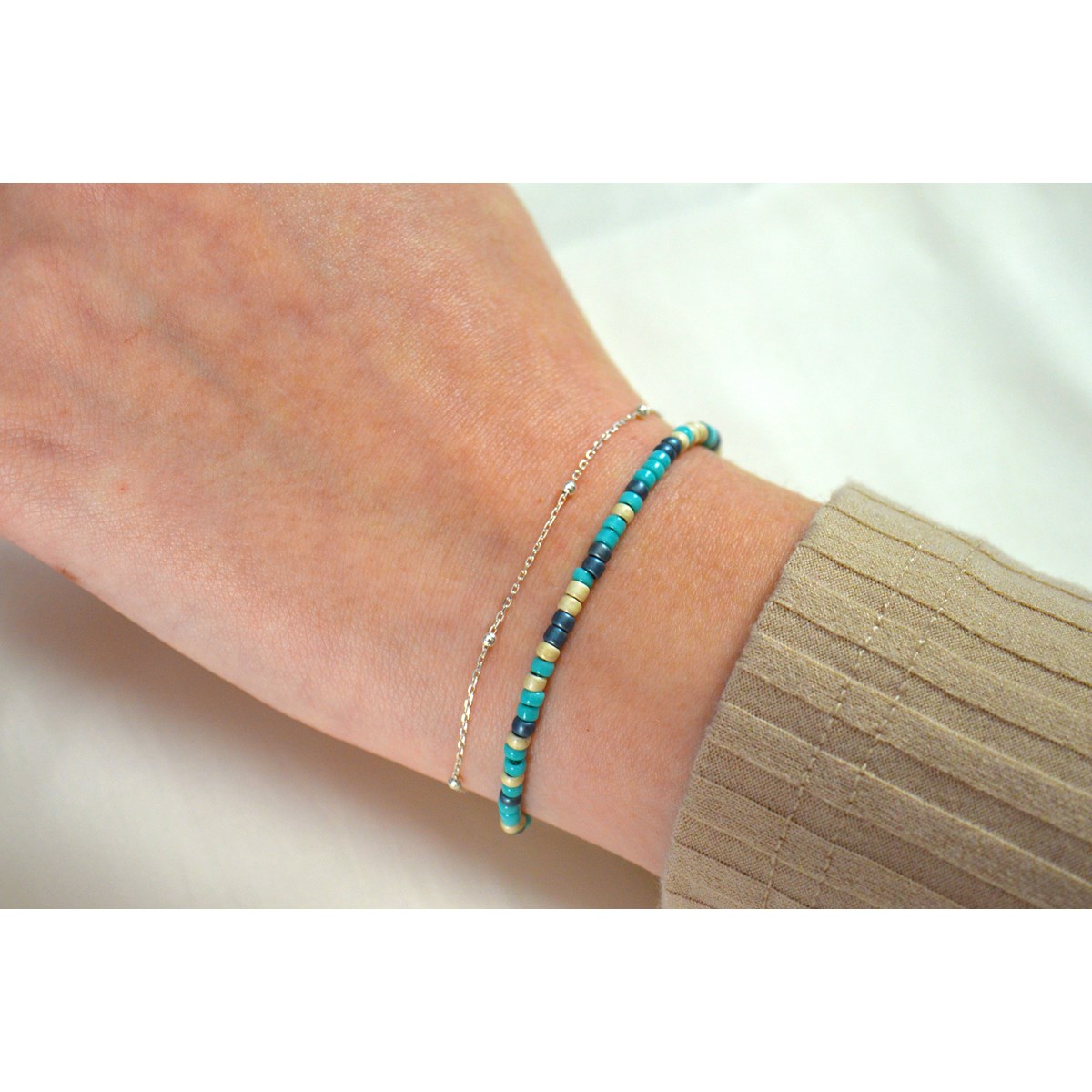 Bracelet femme double rang en argent 925 avec perles de rocaille