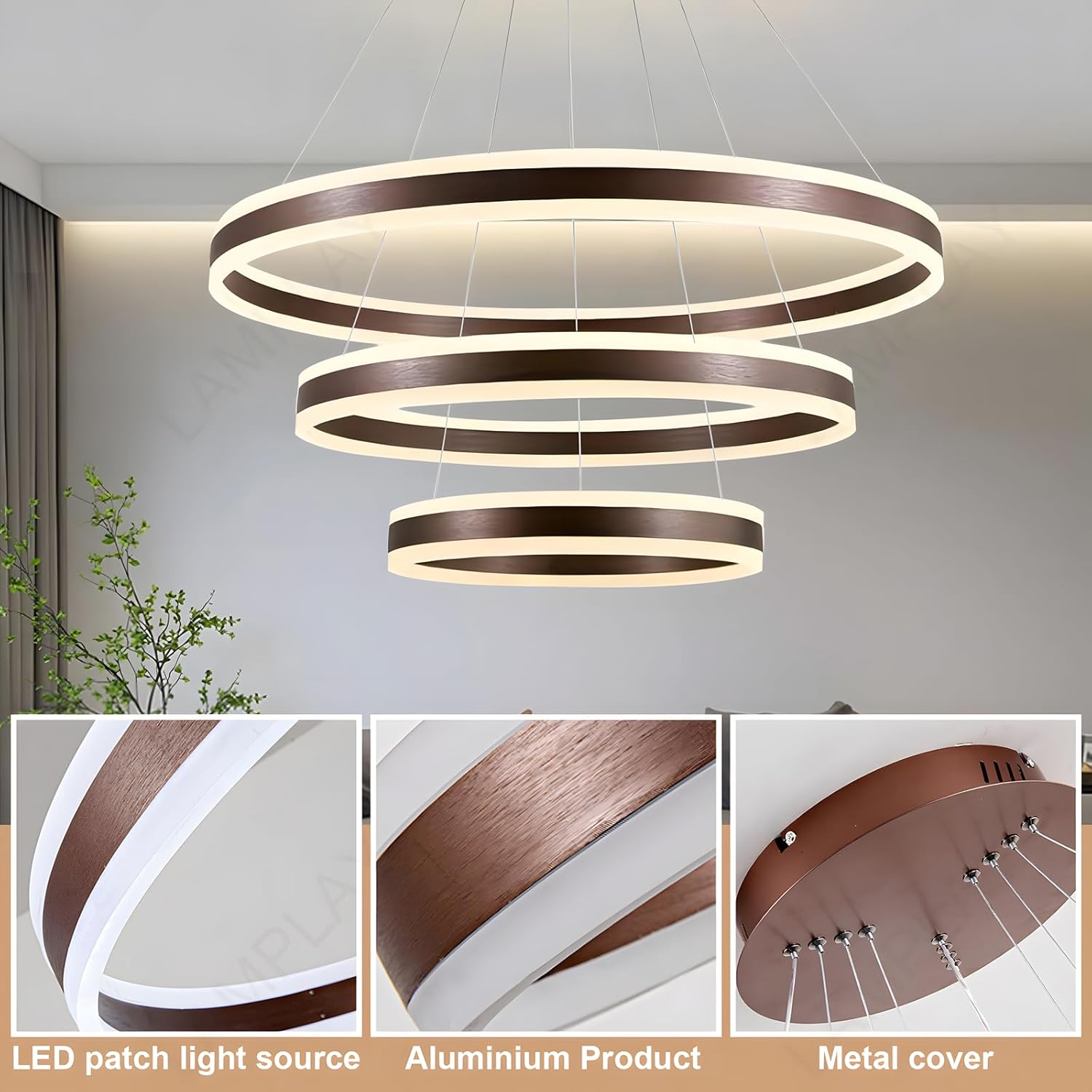 Runde Moderne LED-Pendelleuchte, 3 Braun Ring-Kronleuchter, Dimmbar Mit Fernbedienung 3000K-6000K Deckenleuchte, Höhenverstellbar, Foyer, Wohnzimmer, Schlafzimmer, Esszimmer(Ø20+40+60cm)