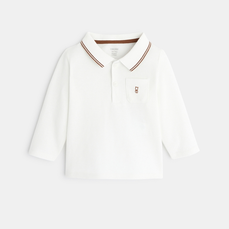 Polo piqué uni manches longues blanc bébé garçon