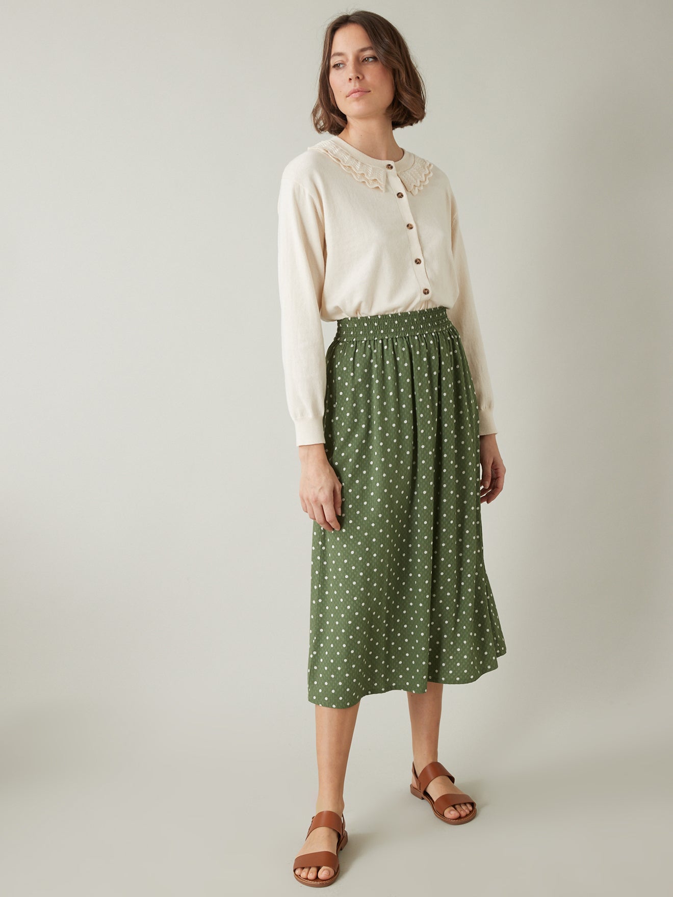 Jupe mi-longue à pois tissu façonné femme