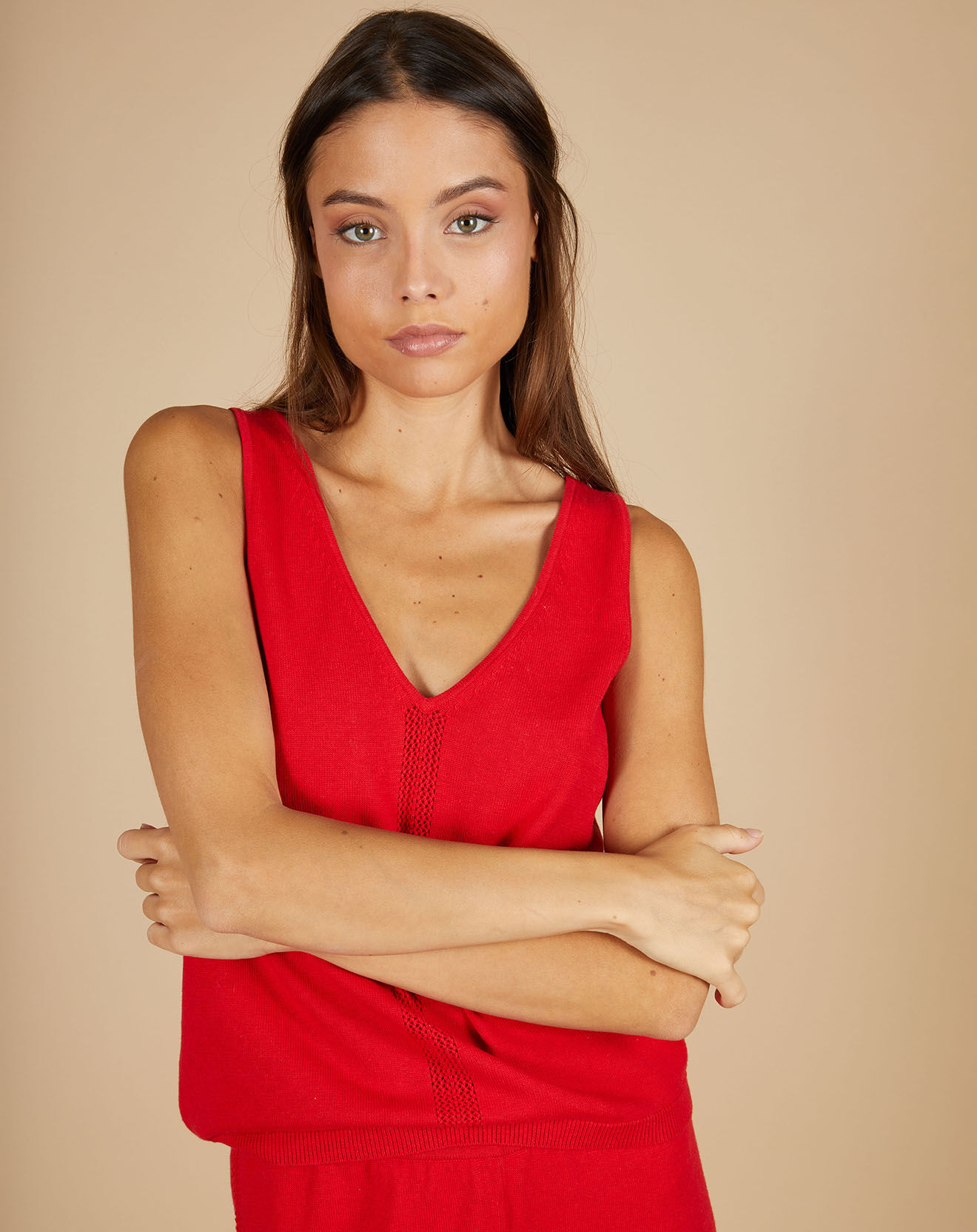 Cashmere Tribu Top en Coton & Cachemire Juliette fines bretelles groseille