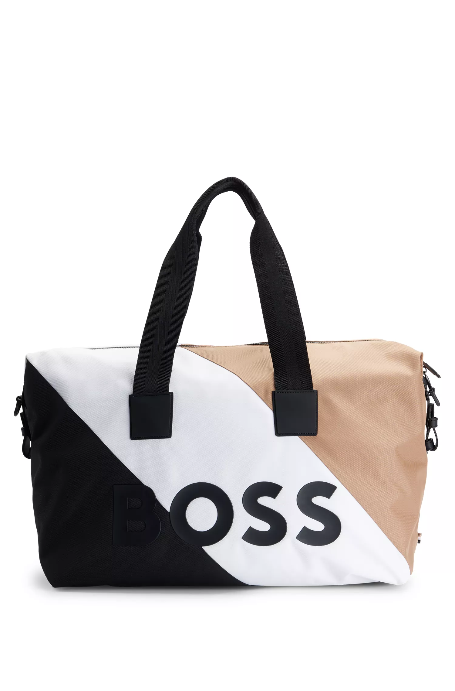 Mala de viagem BOSS em tecido reciclado preto com listra e logotipo característicos.