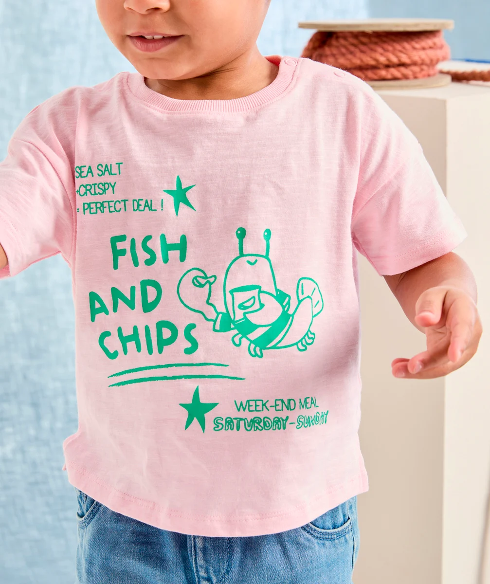 t-shirt manches courtes bébé garçon en coton bio rose avec motif