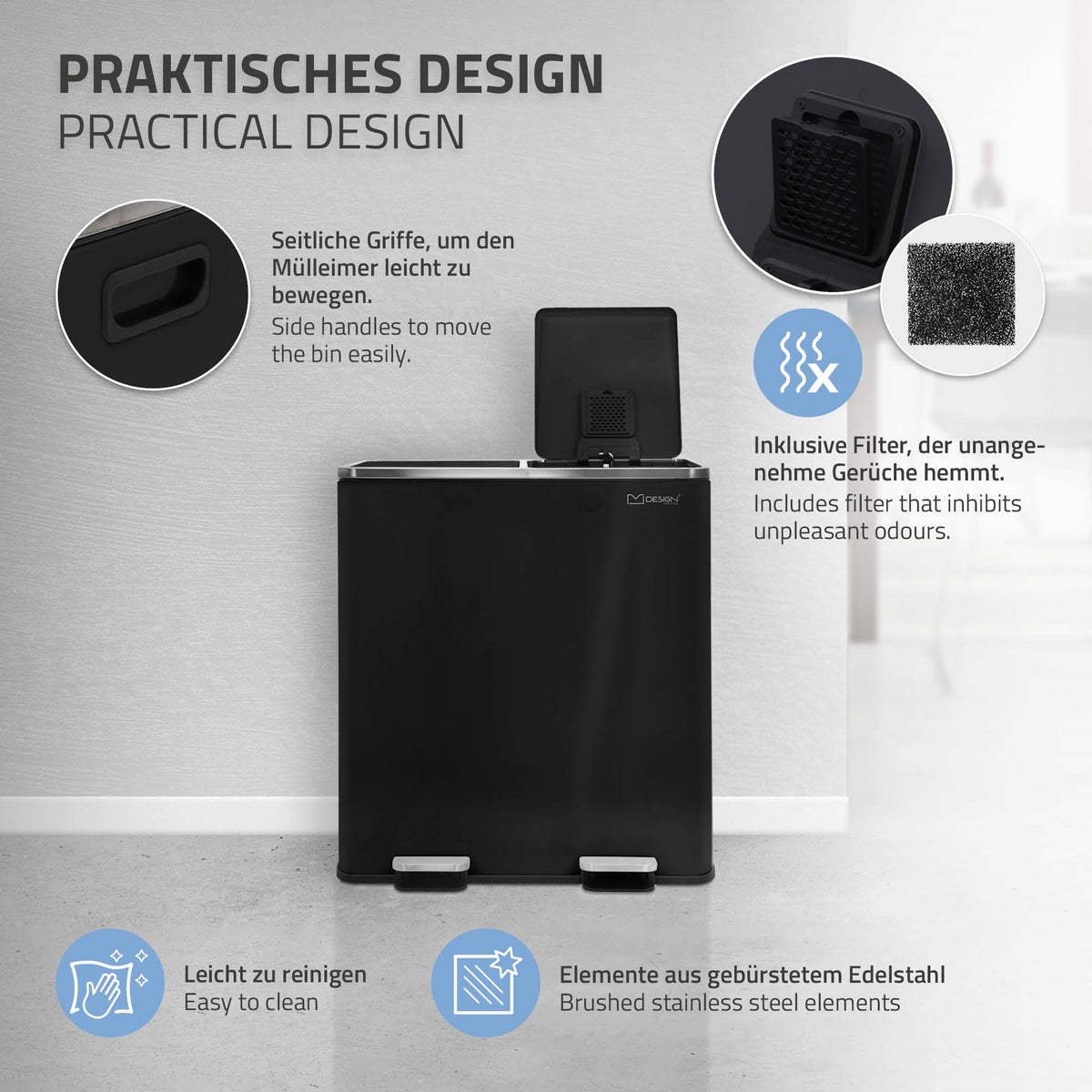 ML-Design Keuken Prullenbak 2x 30L (60L), Glanzend Zwart, Afvalscheidingssysteem met 2 compartimenten, Pedaalemmer voor afvalscheiding, Stalen bak, Uitneembare kunststof binnenemmer, Scharnierend deksel, Soft Close